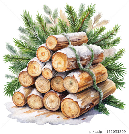 still life of stacked firewood logs covered in snow Watercolor white background 132053299