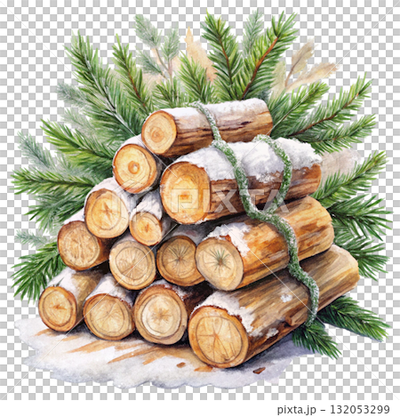 still life of stacked firewood logs covered in snow Watercolor white background still life of stacked firewood logs covered in snow Watercolor white background 132053299