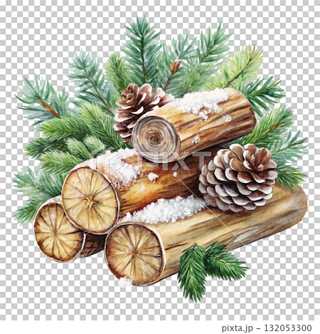 still life of stacked firewood logs covered in snow Watercolor white background 132053300