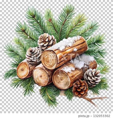 still life of stacked firewood logs covered in snow Watercolor white background still life of stacked firewood logs covered in snow Watercolor white background 132053302
