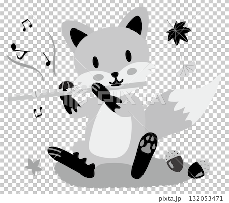 秋にフルートを吹くキツネと紅葉 132053471