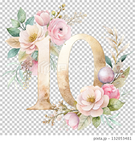 watercolor Even numbers in soft blush pink tones decorated with elegant watercolor flowers 132053481