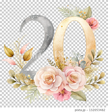 watercolor Even numbers in soft blush pink tones decorated with elegant watercolor flowers 132053482
