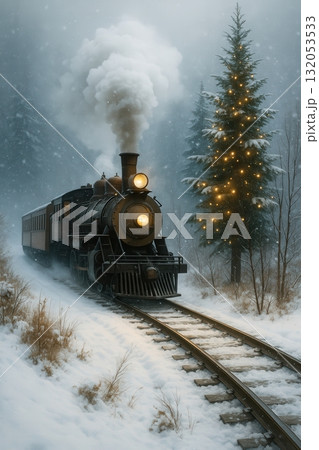 Christmas steam train in snowy forest 132053533