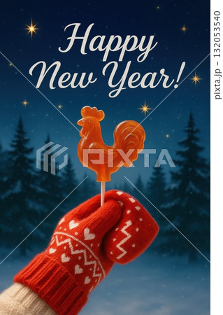 Happy New Year candy rooster in winter forest 132053540