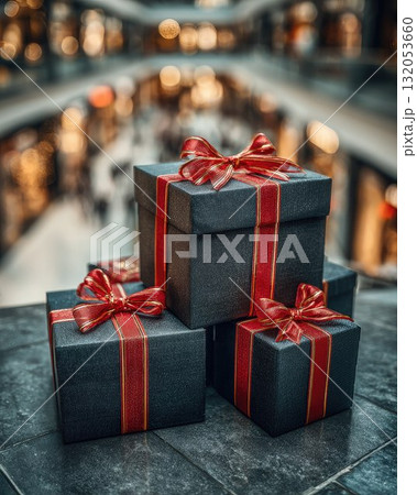 A stack of black gift boxes with a red ribbon against the backdrop of a shopping mall on a holiday, symbolizing shopping, purchases, Christmas sales, Black Friday, Cyber Monday 132053660