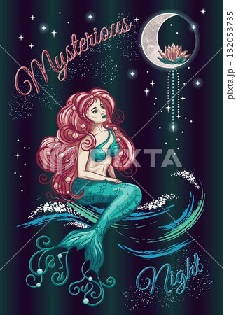 Poster with mermaid with curly red hair, dreamy expression, sitting on sea wave and gazing on magic crescent with lotus. Night with falling and shining stars. Sense of fantasy and marine enchantment Poster with mermaid with curly red hair, dreamy expression, sitting on sea wave and gazing on magic crescent with lotus. Night with falling and shining stars. Sense of fantasy and marine enchantment 132053735
