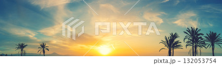 Seascape in early morning. Palm trees on the beach during a beautiful sunrise. San Juan beach, Alicante, Spain. Horizontal banner Seascape in early morning. Palm trees on the beach during a beautiful sunrise. San Juan beach, Alicante, Spain. Horizontal banner 132053754