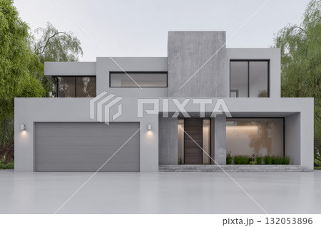 Modern concrete house with large windows and sleek design surrounded by greenery Modern concrete house with large windows and sleek design surrounded by greenery 132053896