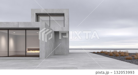 Modern concrete house design by the beach with minimalist architecture and tranquil surroundings 132053993