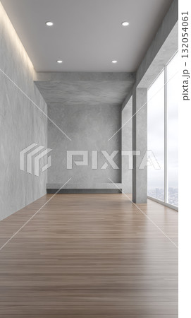 Modern empty room with large windows overlooking a city skyline on a cloudy day Modern empty room with large windows overlooking a city skyline on a cloudy day 132054061
