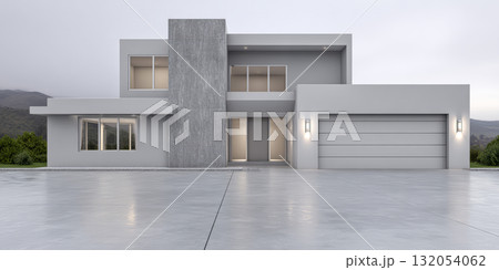 Modern house exterior design with sleek architecture in a tranquil natural setting during overcast weather Modern house exterior design with sleek architecture in a tranquil natural setting during overcast weather 132054062