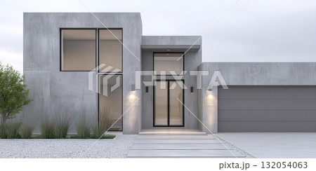 Modern concrete house design with large windows and minimalist features in a quiet neighborhood Modern concrete house design with large windows and minimalist features in a quiet neighborhood 132054063