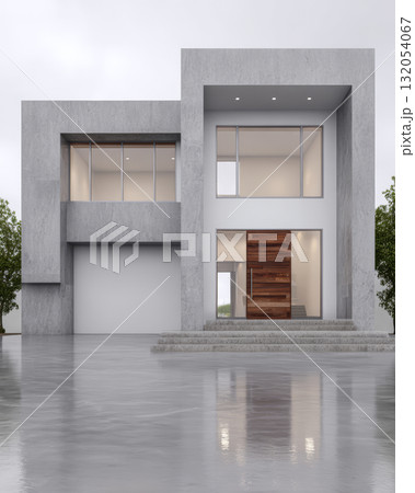 Modern concrete house with large windows and wooden door in a minimalist design Modern concrete house with large windows and wooden door in a minimalist design 132054067