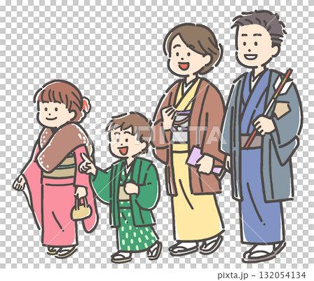 一家四口穿著和服，新年第一次去參拜神社 132054134