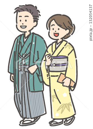 紋付袴と訪問着の着物を着た若い男女カップル 紋付袴と訪問着の着物を着た若い男女カップル 132054137