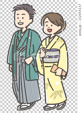 紋付袴と訪問着の着物を着た若い男女カップル 紋付袴と訪問着の着物を着た若い男女カップル 132054137