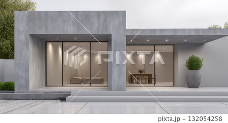 Modern architectural design of minimalist house with large windows and a wooden ceiling Modern architectural design of minimalist house with large windows and a wooden ceiling 132054258