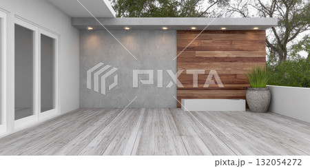 Modern architectural design of minimalist house with large windows and a wooden ceiling Modern architectural design of minimalist house with large windows and a wooden ceiling 132054272