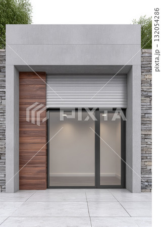 Modern architectural design of minimalist house with large windows and a wooden ceiling 132054286