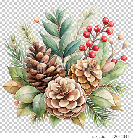 watercolor minimal botanical composition with pinecones 132054341