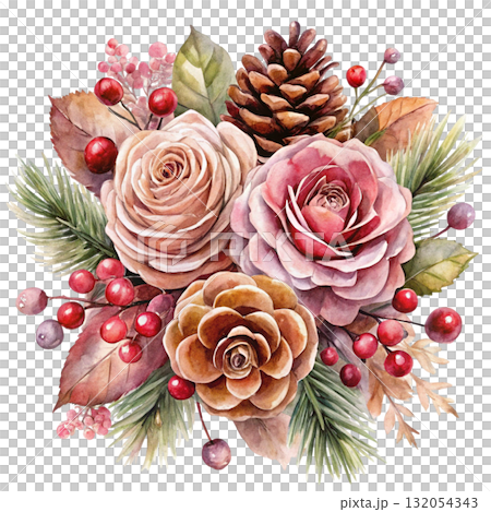 watercolor minimal botanical composition with pinecones 132054343