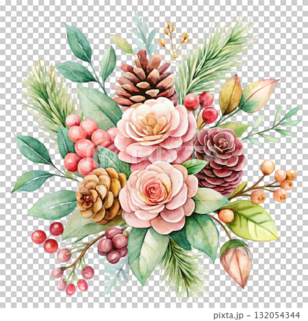 watercolor minimal botanical composition with pinecones 132054344