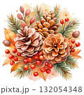 watercolor minimal botanical composition with pinecones 132054348