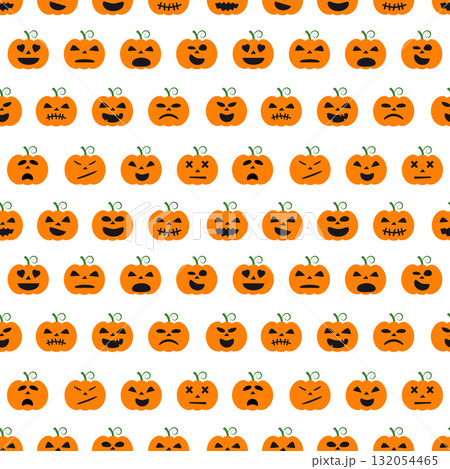 Seamless vector pattern with Halloween pumpkins with different spooky and funny faces on white background 132054465