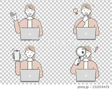 Illustration set of a young woman operating a laptop 132054478