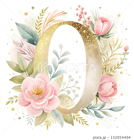 number in soft blush pink tones decorated with elegant watercolor flowers 132054494