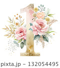 number in soft blush pink tones decorated with elegant watercolor flowers 132054495