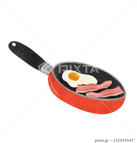 オレンジ色のフライパンと目玉焼きベーコン　水彩風手描きイラスト 132054547