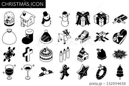 クリスマスの白黒で使いやすい線画アイコンセット　雪だるま、ツリー、リースなどアイソメトリックイラスト 132054638