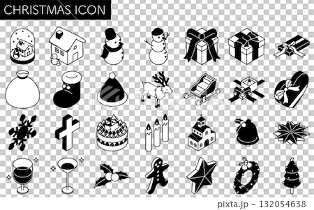 クリスマスの白黒で使いやすい線画アイコンセット　雪だるま、ツリー、リースなどアイソメトリックイラスト 132054638