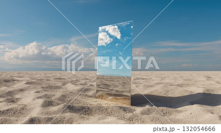Mirror Standing Upright on Desert Sand Reflecting Sky, Clouds, and Horizon in Open Landscape Mirror Standing Upright on Desert Sand Reflecting Sky, Clouds, and Horizon in Open Landscape 132054666