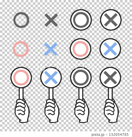 Vector set of hands holding check marks, correct and incorrect icons, simple line drawing illustration (transparent background) Vector set of hands holding check marks, correct and incorrect icons, simple line drawing illustration (transparent background) 132054785