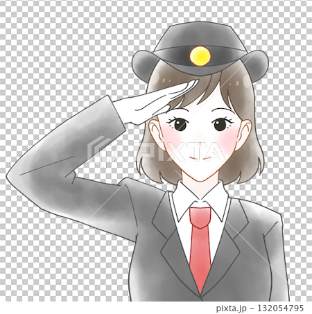 Watercolor illustration of a female station attendant wearing a long-sleeved uniform 132054795