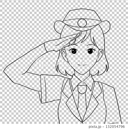 身穿短袖制服的女車站工作人員的黑白插圖 132054796