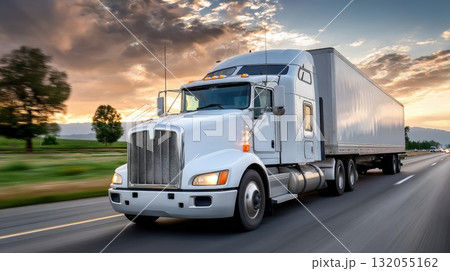 A truck drives swiftly on a winding road, framed by majestic mountains and vibrant greenery under a clear sky during daylight A truck drives swiftly on a winding road, framed by majestic mountains and vibrant greenery under a clear sky during daylight 132055162