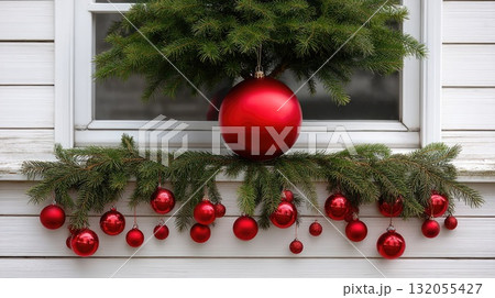A large red ornament sits above evergreen branches with smaller red ornaments hanging down at a cozy window during the holidays 132055427