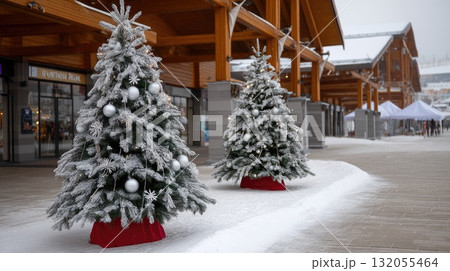 Two frosted trees with silver ornaments are placed along a snowy walkway, contributing to the winter holiday spirit 132055464