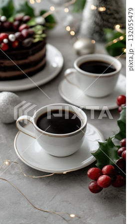A cozy setting features a cup of warm drink beside a sweet pastry, surrounded by festive decor and soft, warm lights A cozy setting features a cup of warm drink beside a sweet pastry, surrounded by festive decor and soft, warm lights 132055479