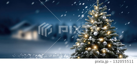 A beautiful pine tree adorned with lights stands in a snowy field, surrounded by trees, beneath a clear starry sky A beautiful pine tree adorned with lights stands in a snowy field, surrounded by trees, beneath a clear starry sky 132055511