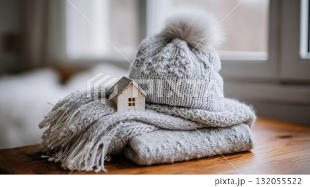 A small house model rests on a wooden surface, draped with a knitted scarf, surrounded by warm glowing lights in the background 132055522
