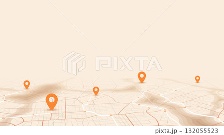 GPS navigation to pins and multiple markers on route. City map featuring directional signs, an intended goal point. Abstract plan highlights POI city streets. Vector illustration with designated route 132055523