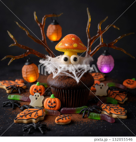 chocolate cupcake shaped like a mushroom with cobwebs, worms and ghost cookies for halloween chocolate cupcake shaped like a mushroom with cobwebs, worms and ghost cookies for halloween 132055546