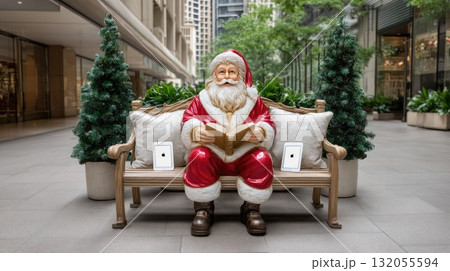 Figures in red suits and white beards enjoy a moment together, surrounded by festive decorations and green trees that enhance holiday cheer 132055594