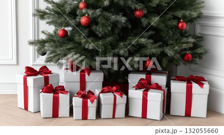 A Christmas tree stands tall, adorned with ornaments, surrounded by many wrapped gifts in red and white, creating a festive scene A Christmas tree stands tall, adorned with ornaments, surrounded by many wrapped gifts in red and white, creating a festive scene 132055660
