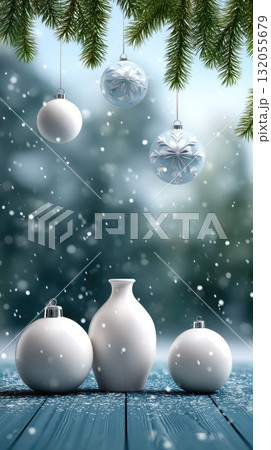 A small house ornament hangs from a pine branch, surrounded by soft snow, creating a cozy winter atmosphere during the holiday season 132055679